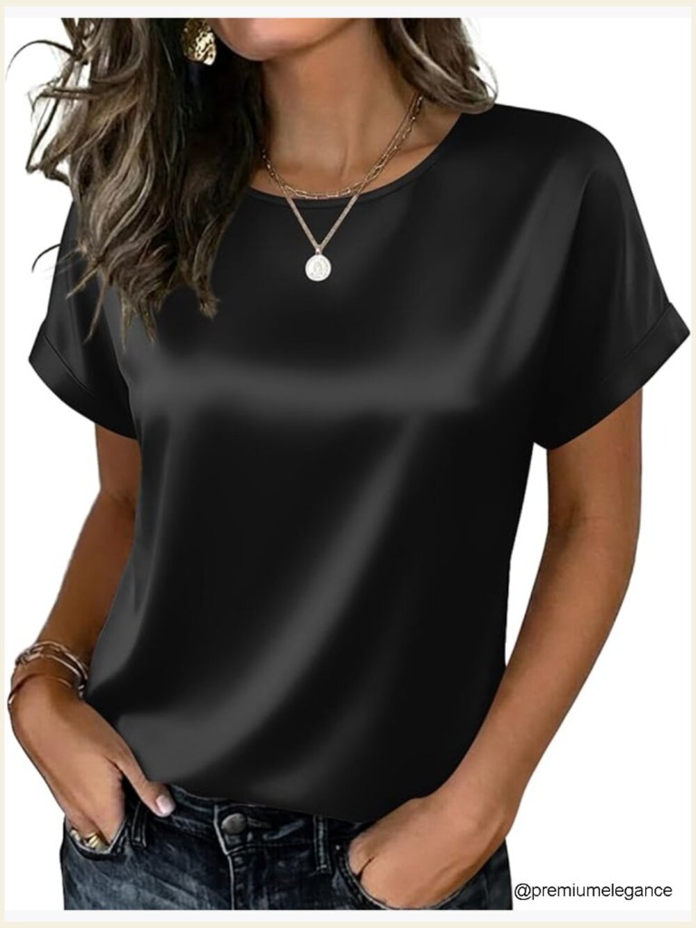 Satin Blouse Short Sleeve Crewneck Tshirt Business Casual Work Top